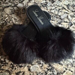 Lauren Lorraine Black Fur Slippers